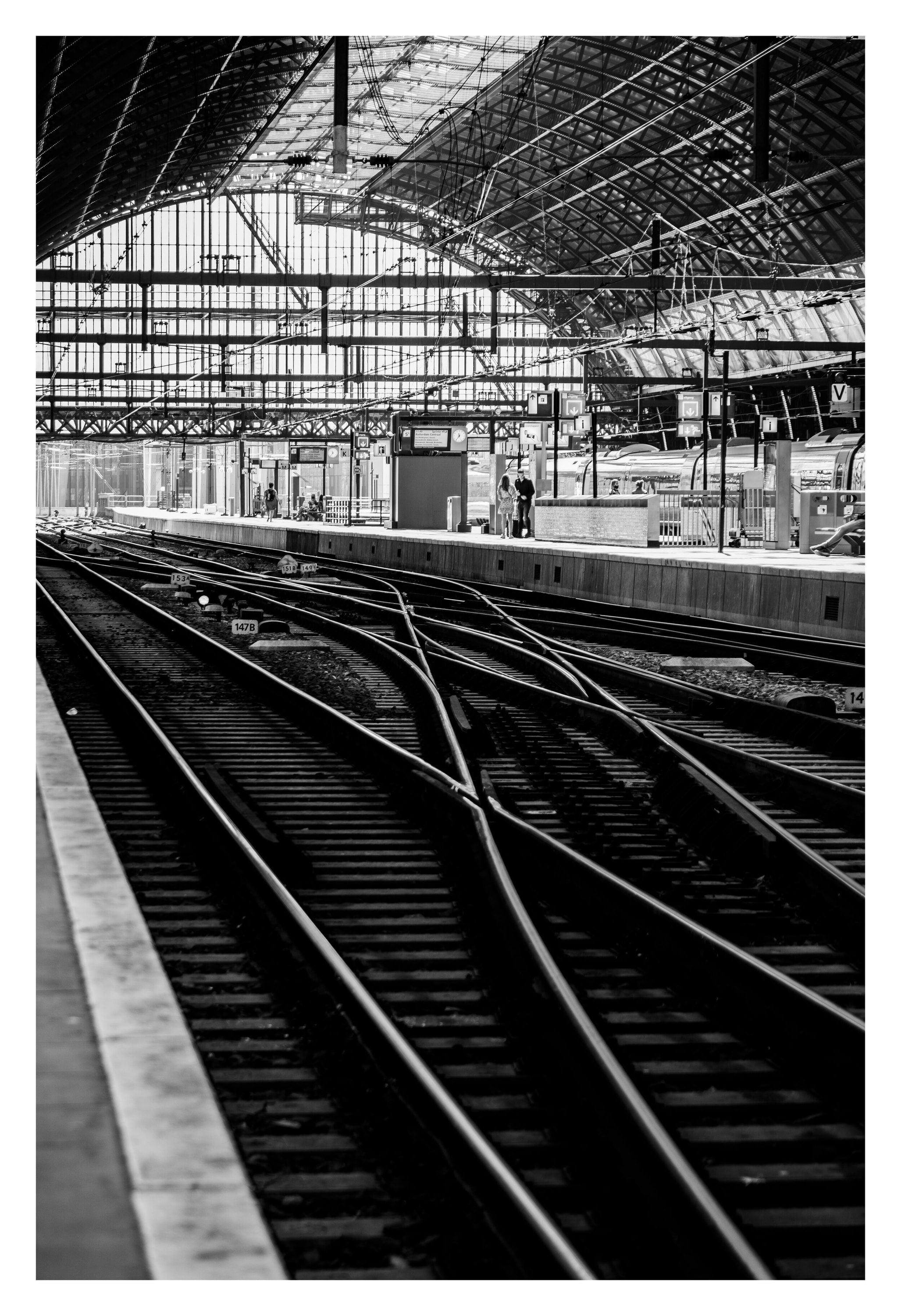 Black-and-white railway tracks converging under a station's glass roof.
